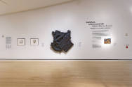 Installation shot of the title wall of Complex Uncertainties: Artists in Postwar America, rotat…