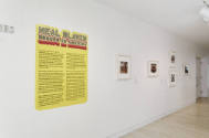 An installation shot of the introductory panel and a series of photographs hung on the east wal…