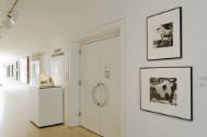 An installation shot of the east wall of the corridor featuring two double-hung photographs and…