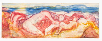 A watercolor of reclining nudes in blue, red and orange.