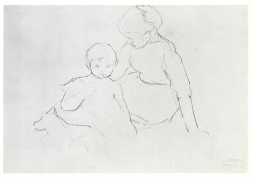 Fillette debout devant une dame assise