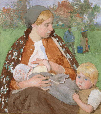 The painting depicts a young mother seated in a bucolic village landscape, serenely nursing her…