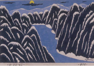 A drawing of dark jagged mountains bisected by a blue river under a sky with four thin clouds a…
