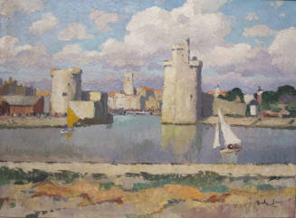 Sailboats gliding across still waters passed a stone walled town with towers flanking the port'…