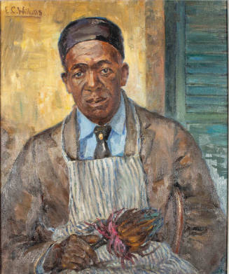 A portrait of a man holding a flower wears a brown cap and matching brown jacket under a stripe…