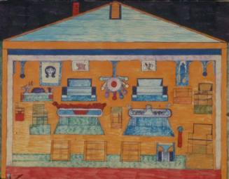 A cross section drawing of an orange house interior with geometric chairs, tables, couches, pai…