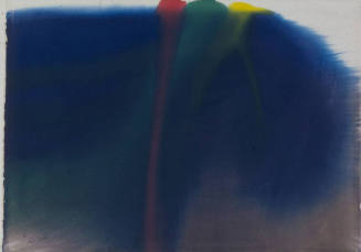 A non-objective watercolor with washes of color, mostly blue, with vertical streams of red, gre…