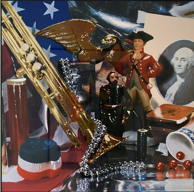 A colorful print featuring part of a trombone, tickertape, silver and red beads, soldier figuri…