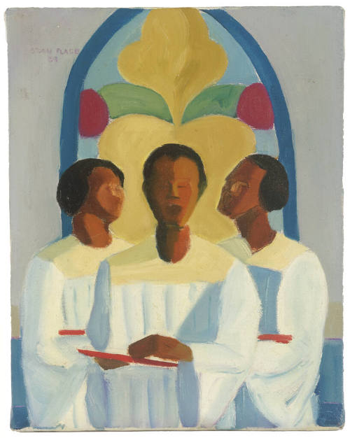 A painting on canvas of three non-descript choir singers in front of a stained glass window.