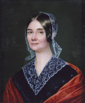 A miniature half-length portrait of a woman with straight brown hair pulled back over her ears …