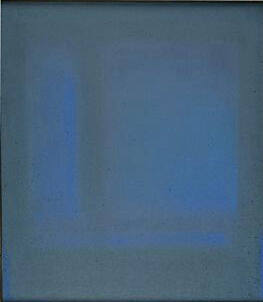 A subtle painting of shades and tints of blue in rectangular forms.
