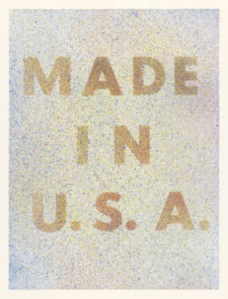 A print composed of a sheet with a splattering of colors creating the pointillist words, "MADE …