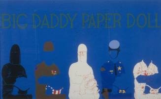 A print of block color figures on a blue background with the words above, "BIG DADDY PAPER DOLL…