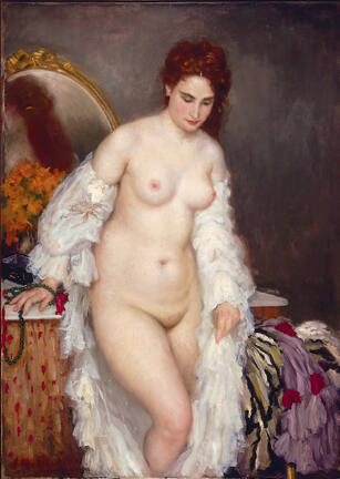 Three-quarters length portrait of a nude woman wearing a white dressing gown off her shoulders …