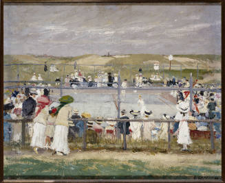 Onlookers in their Sunday best surround a gray tennis court abutting the rolling sand dunes on …