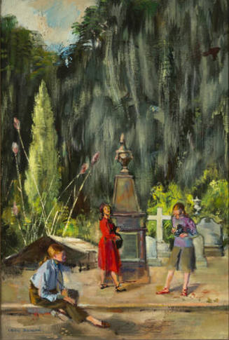 A vertical landscape painting of three women in an overgrown cemetery with mossy trees. One wom…