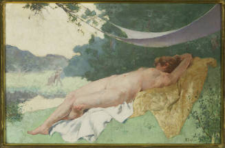 A painting of a reclining female nude in a pastoral landscape.