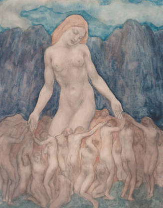 A watercolor of a large nude female figure kneeling on the earth with a host of smaller nude fe…