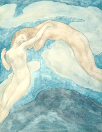 A watercolor of a floating nude female on the left with her arm draped over the shoulder of a f…