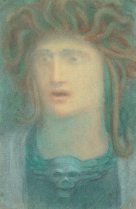 A drawing of the Greek mythological figure of Medusa. The portrait features a woman wearing a g…