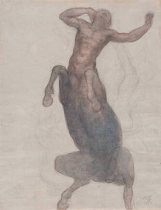 A watercolor and drawing of a centaur, a half-man, half-horse mythological figure, rearing upwa…