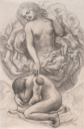 A drawing of a large nude female emerging from a swirling mass of nude female figures with a ha…