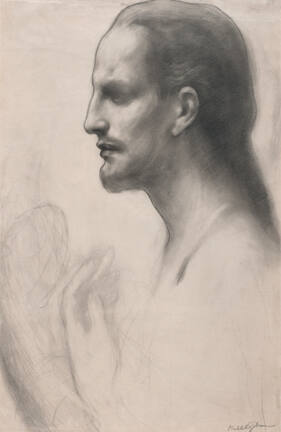 A portrait drawing of the Biblical figure of Jesus Christ portrayed as a man in profile with lo…
