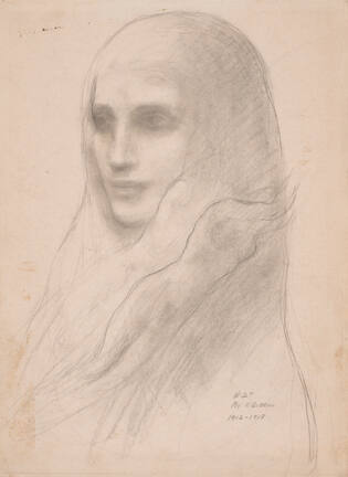 A drawing of a woman with her body and head turned to the left with dark shadows creating the e…
