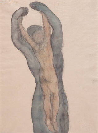 A watercolor of a large grey nude figure lifting a smaller nude figure up by the arms behind hi…