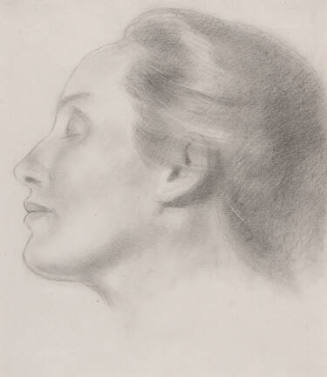 A portrait drawing of a woman with her hair pulled tightly back in a twist with her head slight…