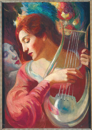 An oil painting of a red-headed woman in a billowy pink dress plucking a silver lyre as she loo…