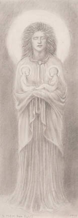 A pencil drawing of a woman in a long pleated gown and cape holding two seated infants facing e…