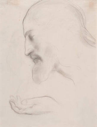 A pencil drawing of the head and hand of the Biblical figure of Jesus Christ as a male head in …