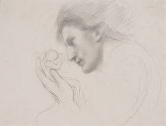 A pencil drawing of a woman holding small sketched figure in her hands. The face of the woman i…