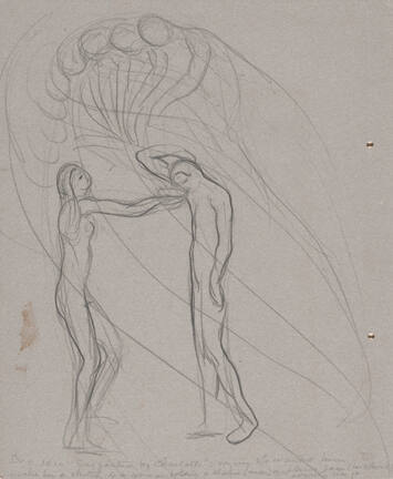 A sketch of a nude man with his arm over his head facing a nude woman with her outstretched arm…