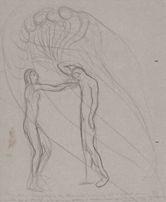 A sketch of a nude man with his arm over his head facing a nude woman with her outstretched arm…