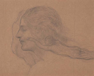A pencil drawing of a head of a woman in profile facing left with a smaller nude figure floatin…