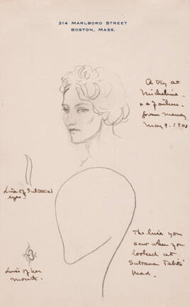 A pencil drawing of the form of a head and a woman's head with curly hair.

