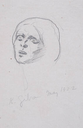 A pencil drawing or sketch of the head of a woman tilted slightly back and to the left with an …