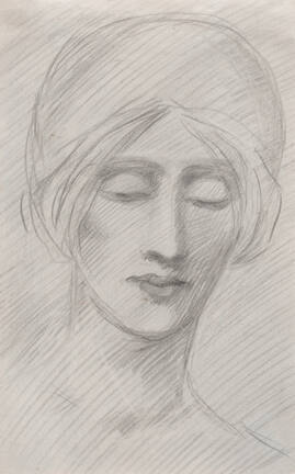 A pencil drawing or sketch of the head of a woman wearing a cap with an overlay of hatch marks …
