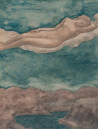A watercolor of a reclining female nude floating on cloud above a river.

