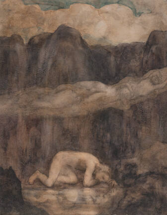A watercolor of a crouching nude reflected in a pond with floating children overhead.

