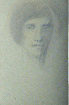 The reverse of a double-sided drawing featuring the portrait of a woman with bright blue irises…