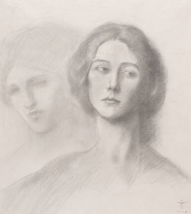 A drawing of a woman whose eyes are looking to the proper left while her head faces the viewer.…