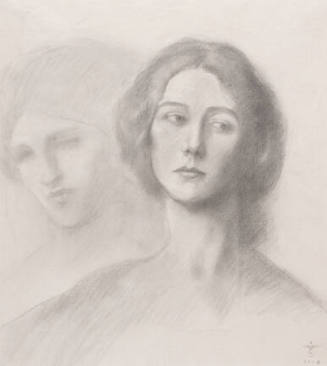 A drawing of a woman whose eyes are looking to the proper left while her head faces the viewer.…