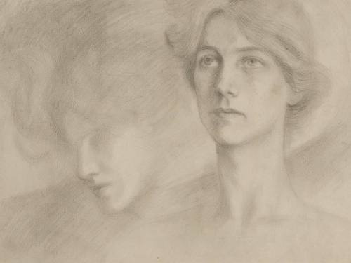A charcoal drawing of a woman looking out into the distance with the faint head of a woman behi…