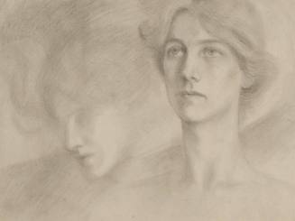 A charcoal drawing of a woman looking out into the distance with the faint head of a woman behi…