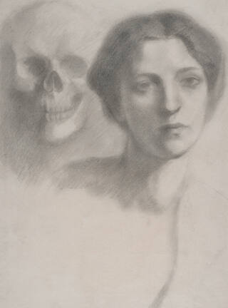 A charcoal drawing of a woman and Death's skeletal head.

