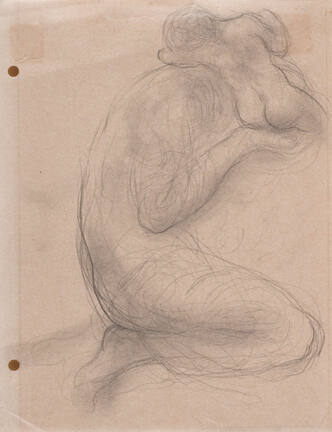 A pencil drawing of a kneeling figure holding up a child resting on the shoulder of the figure.…