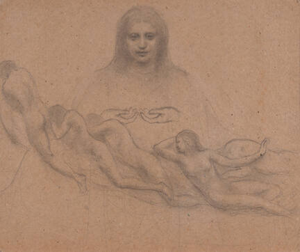 A pencil drawing of a woman in the background with five floating nudes in foreground.

